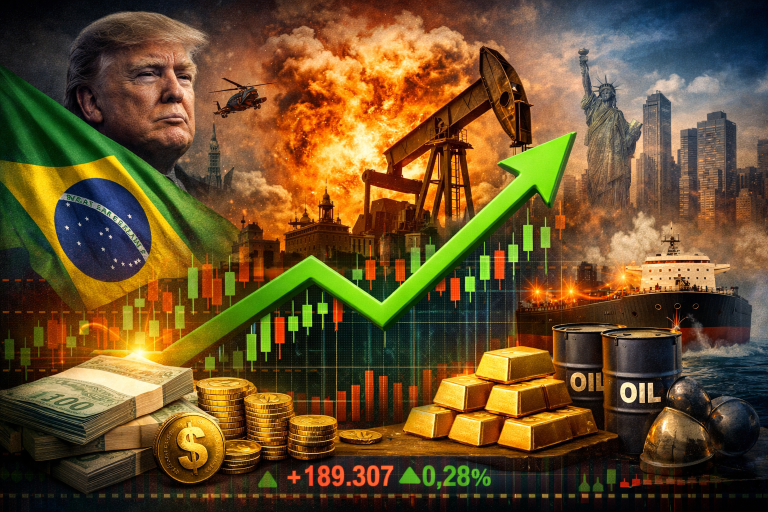 Gráfico do Ibovespa em alta durante tensão geopolítica global